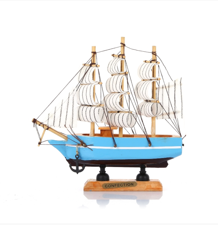 Yelkenli Ahşap Gemi - Çapalı 16Cm Mavi-Lacivert-Siyah