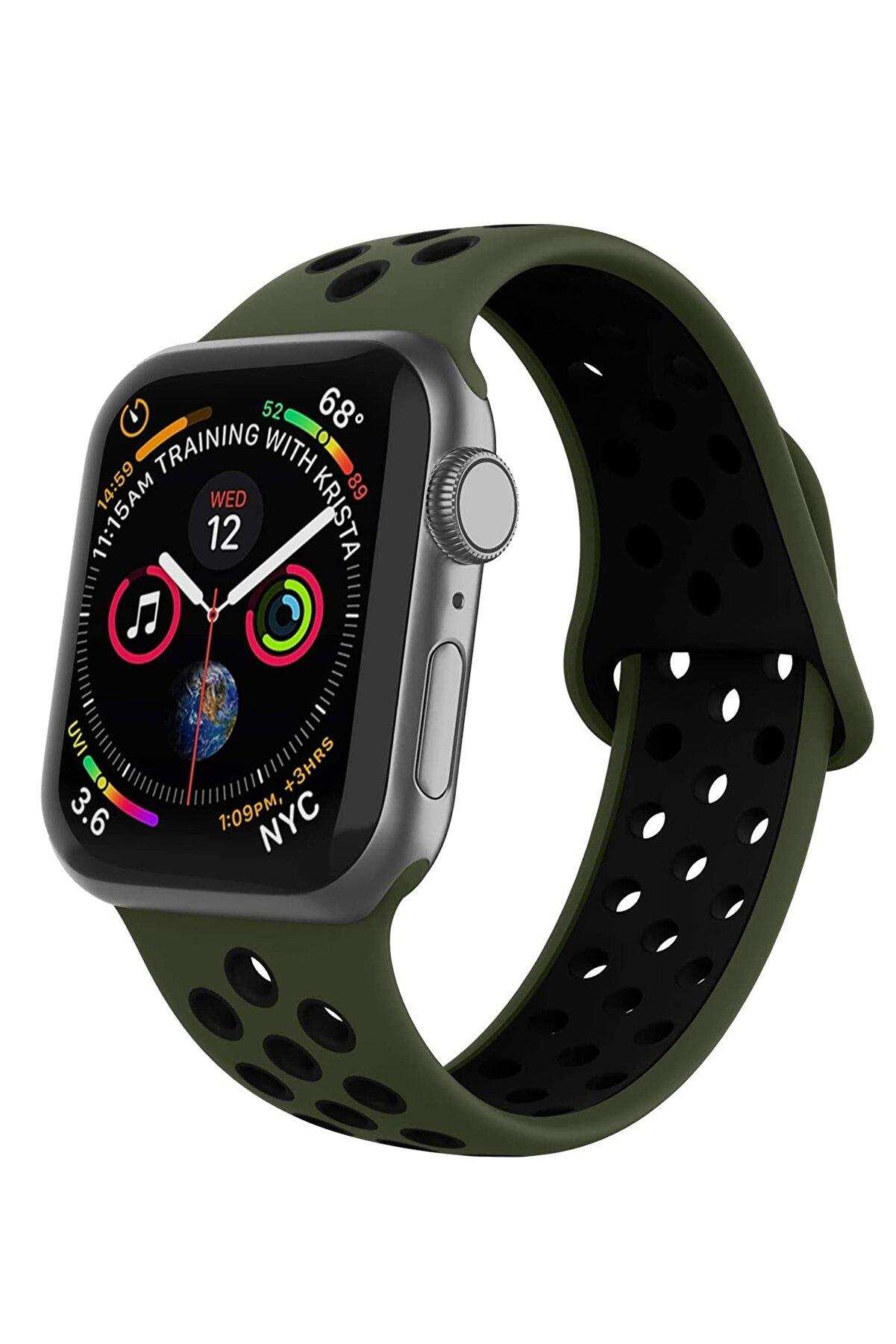 Apple Watch Silikon Delikli Kordon Iwatch Uyumlu Kayış Seri 1 2 3 4 5 - 42mm/44mm - Koyu Yeşil